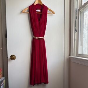 Calvin Klein Elegant Red Pleated Deep V Option Midi Dress sz 4